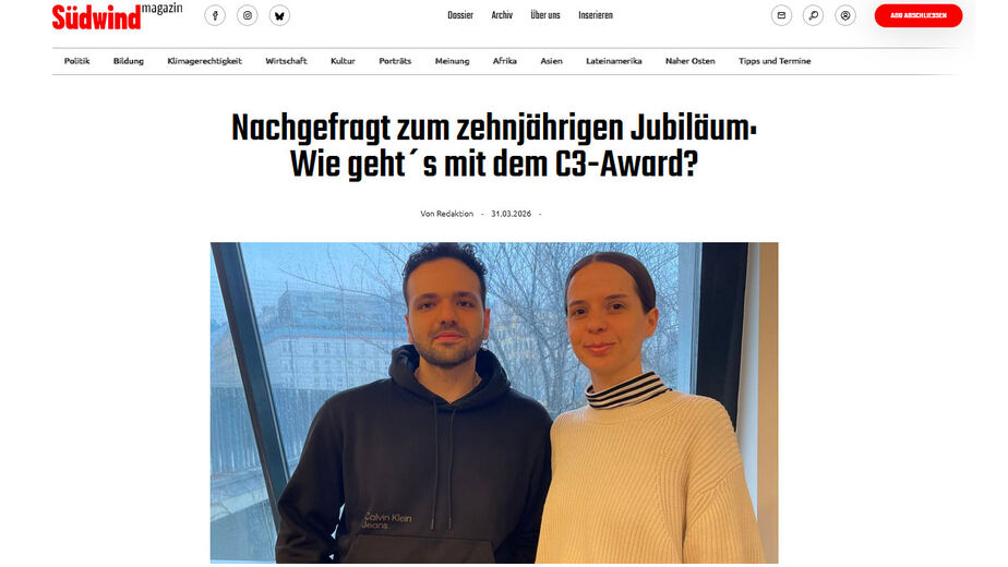 Screenshot des Beitrages im Südwind Magazinb